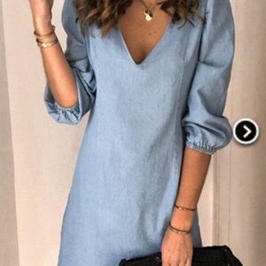 Cotton & polyester dress w/ elastic puff sleeves